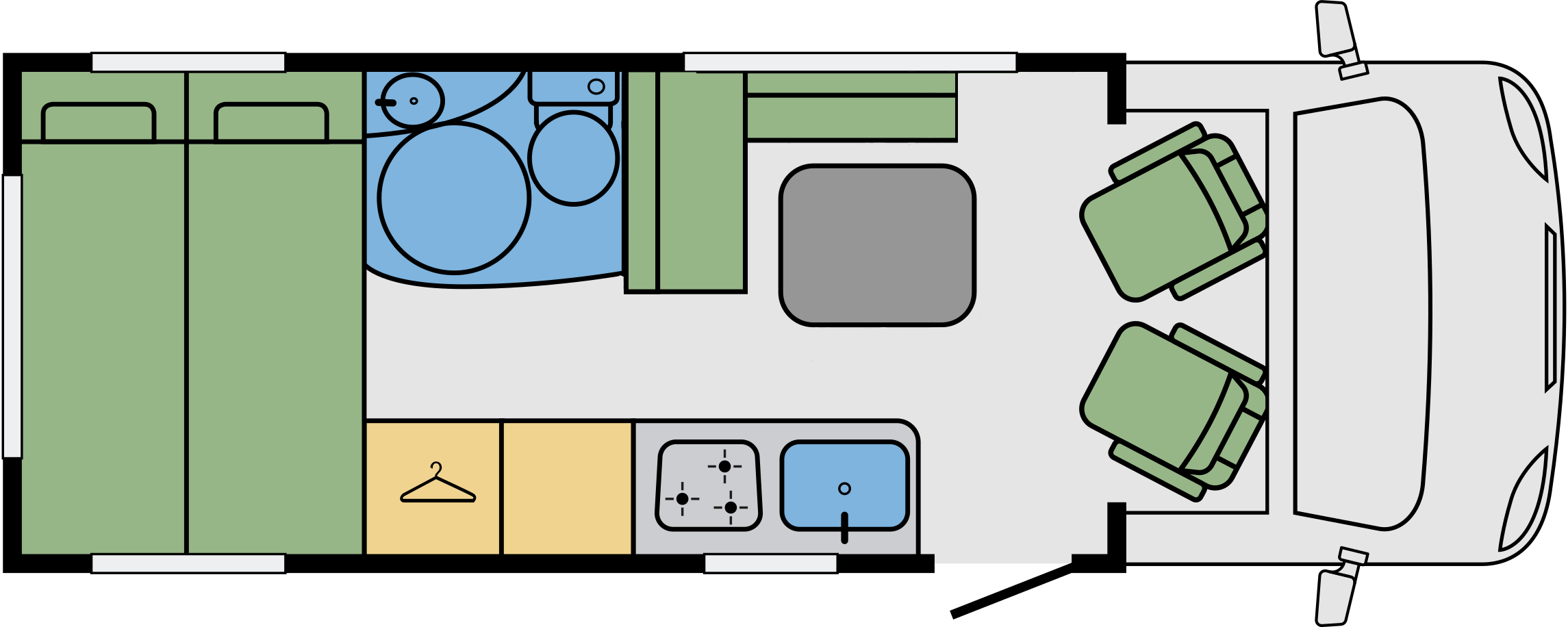 dwars bed-L zit-middendinette-midden keuken-midden toilet