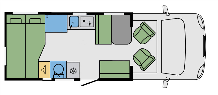 Dwars bed-midden keuken-midden toilet-kleine zit-draaibare stoelen-hefbed